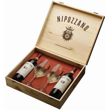 Vin Rosu Frescobaldi Nipozzano Riserva Chianti DOCG, Sec, 2 Sticle + 2 Pahare In Cutie Lemn