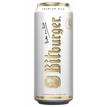 Bere blonda, filtrata Bitburger Premium Pils, 4.8% alc., 0.5L, doza, Germania